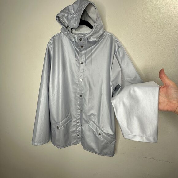 Rains Unisex Pale Blue Front Snap Midline Drawstring Hooded Rain Jacket S / M - Picture 6 of 16